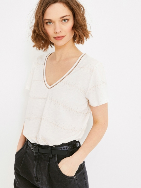 

promod Women White & Golden Printed V-Neck T-shirt