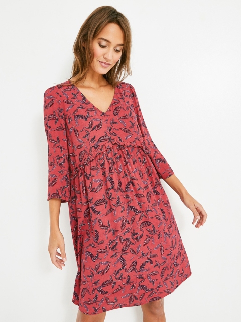 

promod Women Pink & Navy Blue Leaf Print A-Line Dress