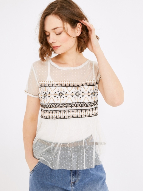 

promod Women Off-White & Black Self Design Sheer A-Line Top