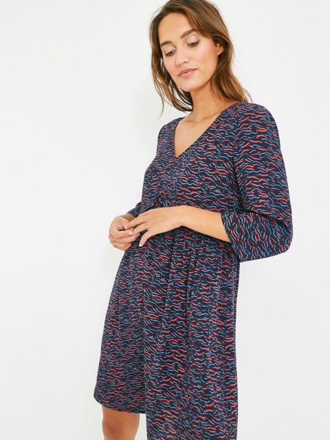 

promod Women Navy Blue & Pink Printed A-Line Dress