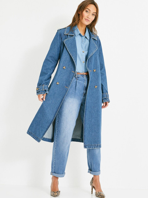 

promod Women Blue Solid Longline Denim Over Coat