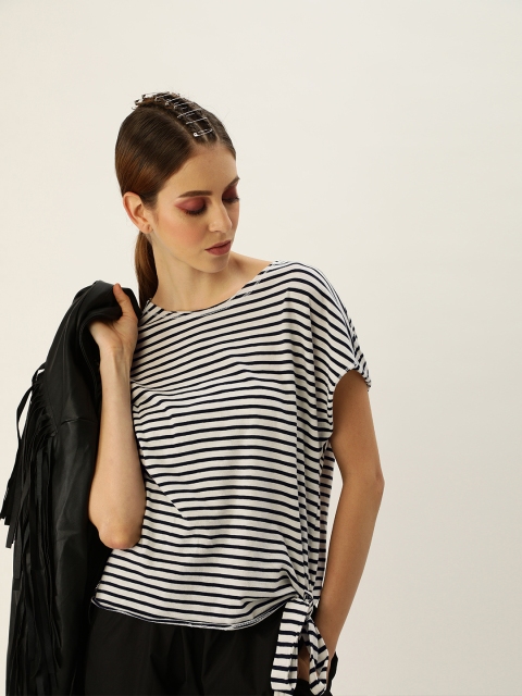 

Vaak Women White & Black Striped Boxy Top with Waist Tie-up
