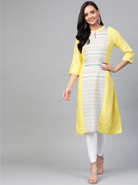 

AURELIA Women Yellow & Grey Striped Straight Kurta
