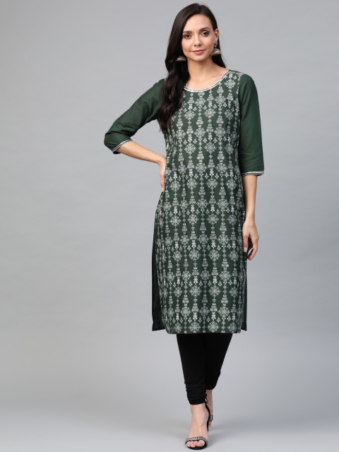 Women Olive Green & Silver Ethnic Printed Straight Kurta