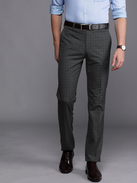 

Raymond Men Grey & Blue Contemporary Fit Checked Regular Trousers