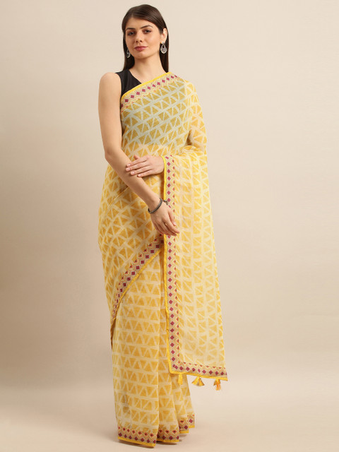

Pisara Yellow Printed Linen Blend Saree