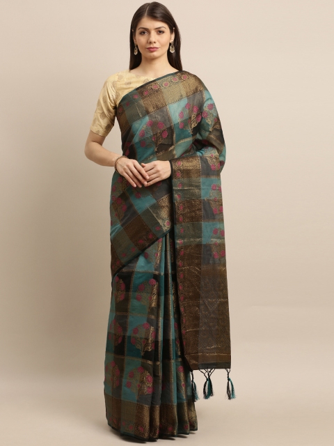 

Pisara Blue & Gold-Toned Silk Cotton Woven Design Kanjeevaram Saree