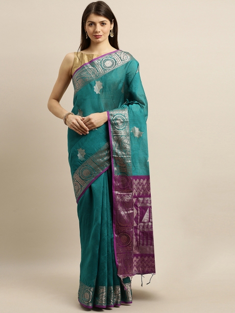 

Pisara Teal Blue & Purple Silk Cotton Woven Design Banarasi Saree