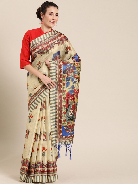 

Pisara Beige & Blue Cotton Blend Printed Khadi Saree