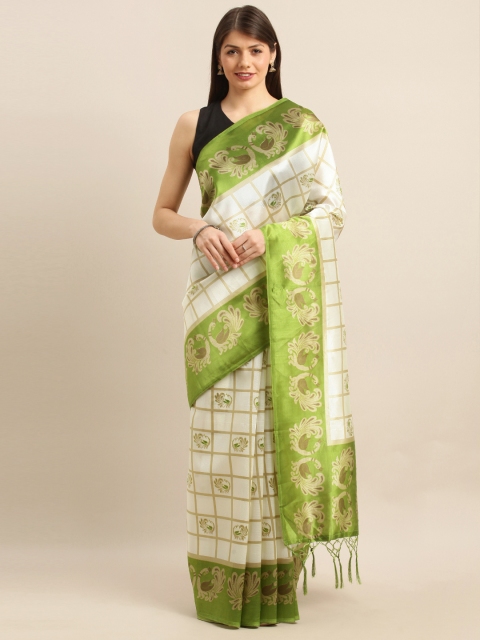 

Pisara White & Gold-Toned Art Silk Checked Saree