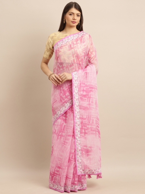 

Pisara Pink & White Linen Blend Printed Saree