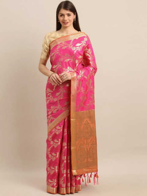 

Pisara Pink & Gold-Toned Silk Cotton Woven Design Banarasi Saree