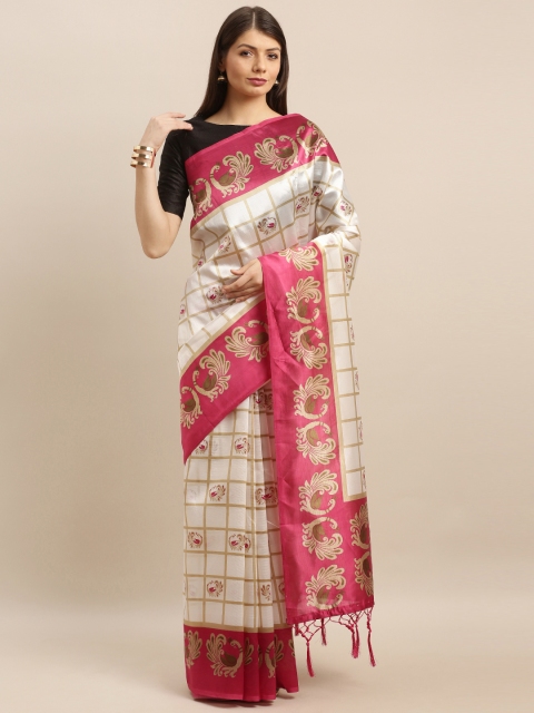 

Pisara Off-White & Pink Art Silk Checked Saree