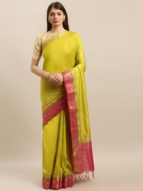 

Pisara Olive Green & Red Silk Cotton Solid Banarasi Saree