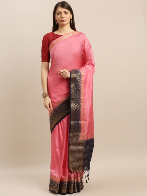 

Pisara Pink & Navy Blue Silk Cotton Solid Banarasi Saree