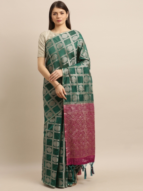 

Pisara Green & Gold-Toned Silk Cotton Woven Design Banarasi Saree