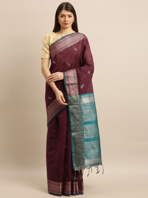 

Pisara Burgundy & Blue Silk Cotton Woven Design Banarasi Saree