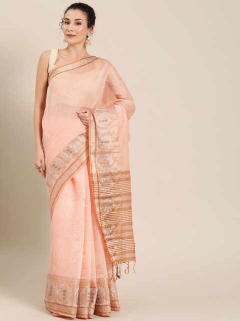 

Pisara Peach-Coloured Silk Cotton Striped Kanjeevaram Saree