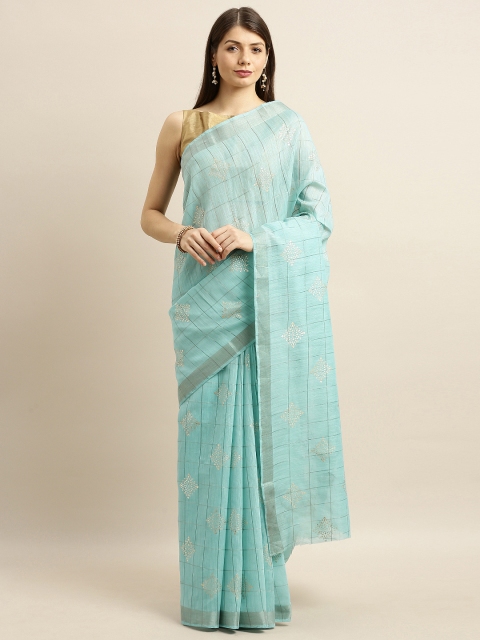 

Pisara Blue & Gold-Toned Cotton Blend Checked Saree