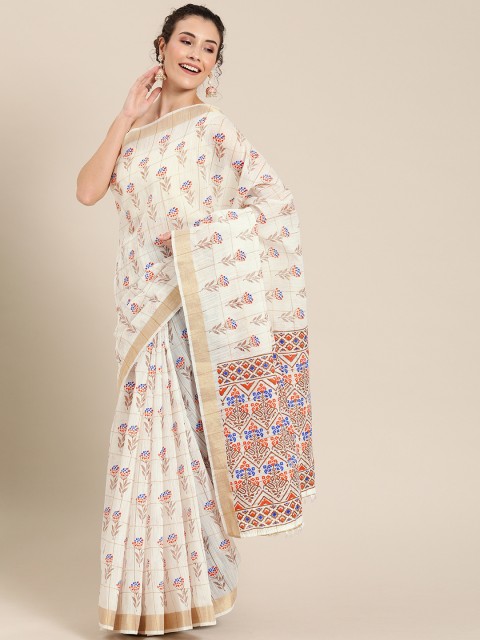 

Pisara White & Brown Cotton Blend Printed Saree