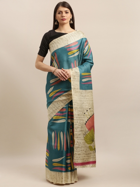 

Pisara Teal Blue & Beige Cotton Blend Printed Khadi Saree