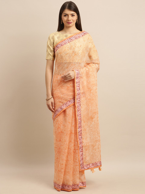 

Pisara Peach-Coloured & Beige Linen Blend Printed Saree