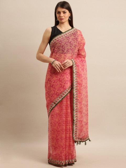 

Pisara Peach-Coloured & Pink Linen Blend Printed Saree