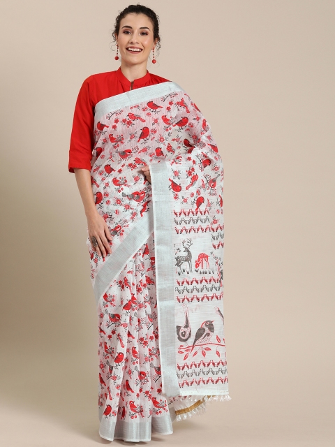 

Pisara White & Red Cotton Blend Printed Saree