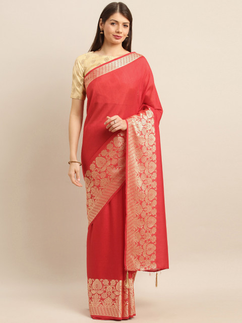 

Pisara Red & Gold-Toned Silk Blend Solid Saree