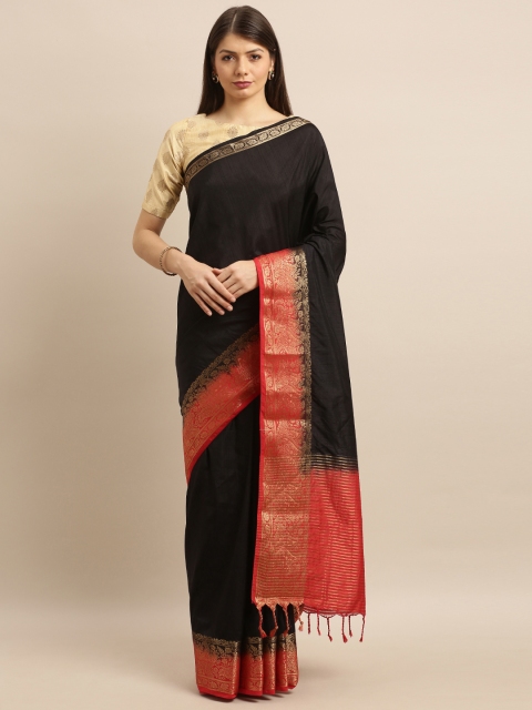 

Pisara Black & Red Silk Cotton Solid Banarasi Saree