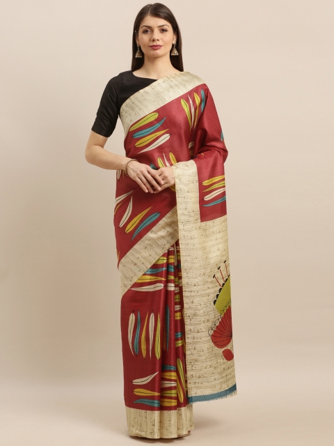 

Pisara Maroon & Beige Cotton Blend Printed Khadi Saree