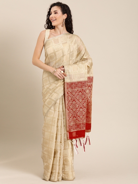 

Pisara Off-White & Gold-Toned Silk Cotton Woven Design Banarasi Saree