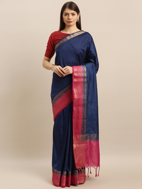 

Pisara Navy Blue & Pink Silk Cotton Solid Banarasi Saree