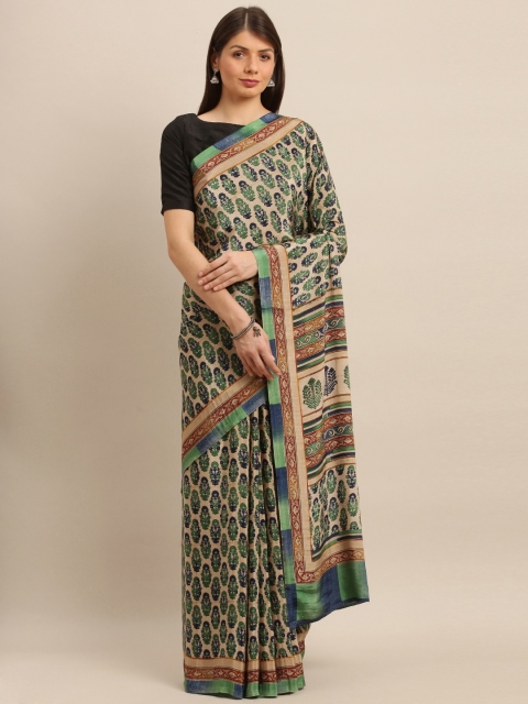

Pisara Beige & Green Poly Crepe Printed Saree