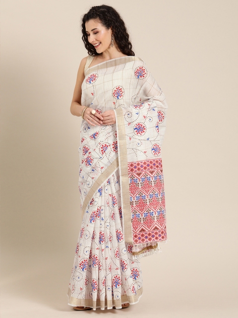 

Pisara White & Red Cotton Blend Printed Saree