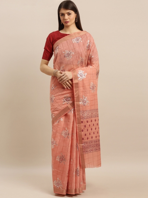 

Pisara Peach-Coloured & Silver-Toned Cotton Blend Printed Saree