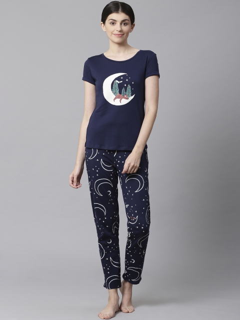 

Marks & Spencer Women Navy Blue & White Printed Night Suit