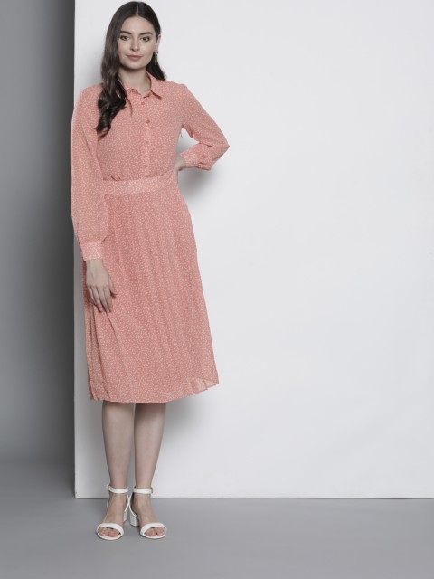 

Marks & Spencer Women Pink & White Pleated Printed Shirt Dress