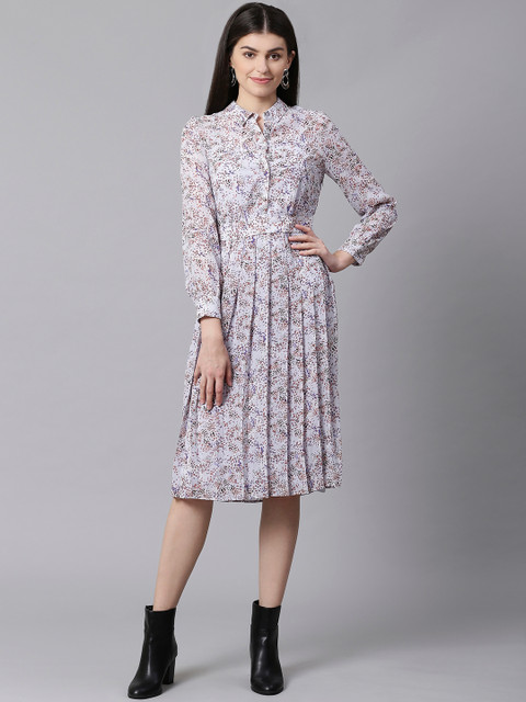 

Marks & Spencer Women Blue & Rust Brown Red Printed Accordion Pleat Shirt Dress