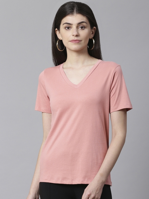 

Marks Spencer Women Pink Solid V-Neck Pure Cotton T-shirt