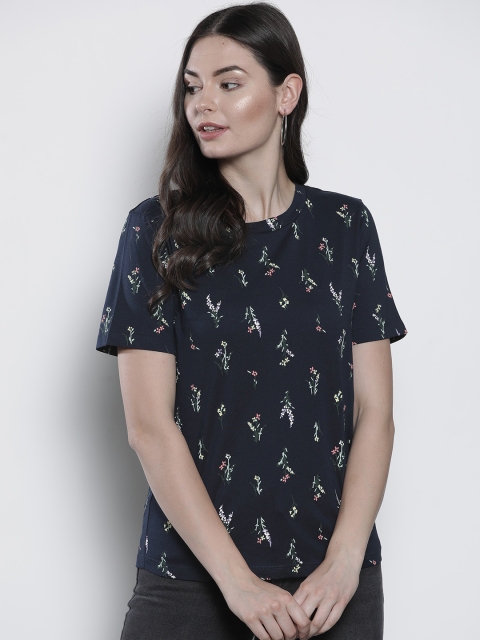 

Marks & Spencer Women Navy Blue & Green Straight Fit Printed Round Neck T-shirt