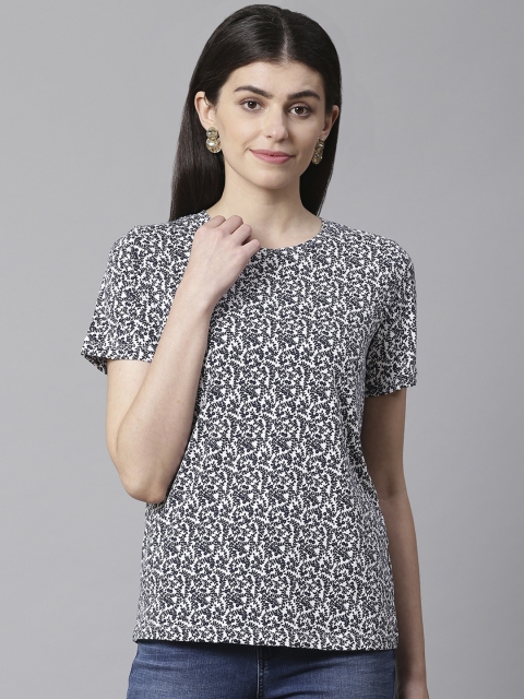 

Marks & Spencer Women White & Navy Printed Round Neck T-shirt