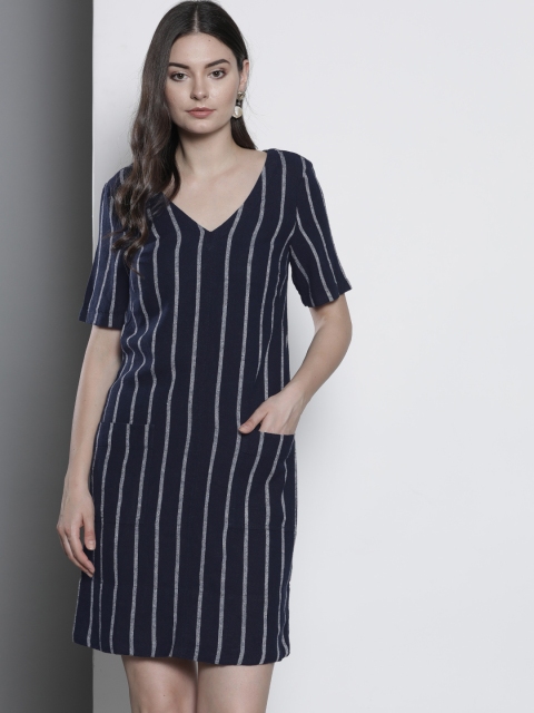 

Marks & Spencer Women Navy Blue & Off-White Striped A-Line Dress
