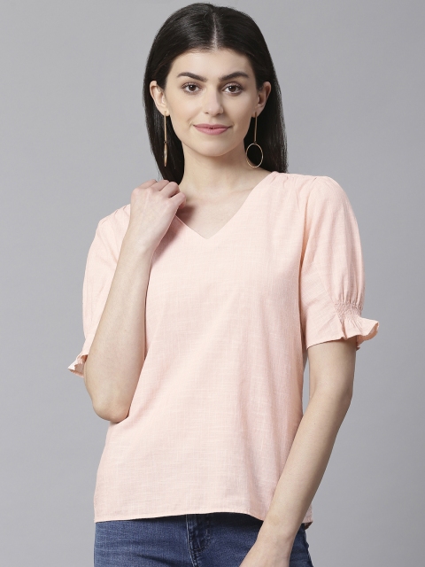

Marks & Spencer Women Peach-Coloured Solid Pure Cotton Top