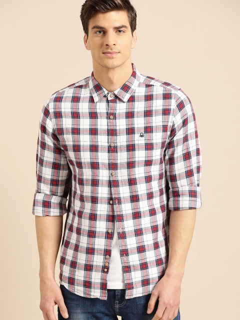 

United Colors of Benetton Men White & Red Slim Fit Checked Casual Shirt