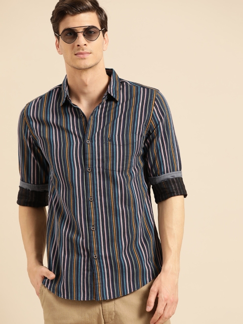 

United Colors of Benetton Men Navy Blue & Pink Slim Fit Striped Casual Shirt