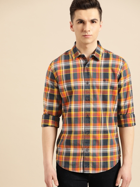 

United Colors of Benetton Men Orange & Navy Blue Slim Fit Checked Casual Shirt