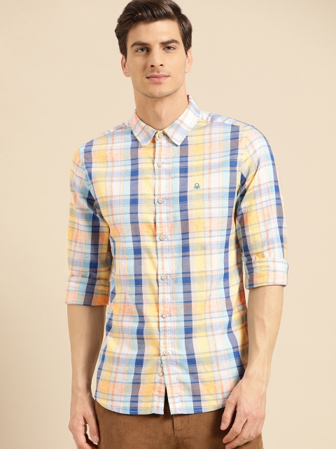 

United Colors of Benetton Men Blue & Yellow Slim Fit Checked Casual Shirt