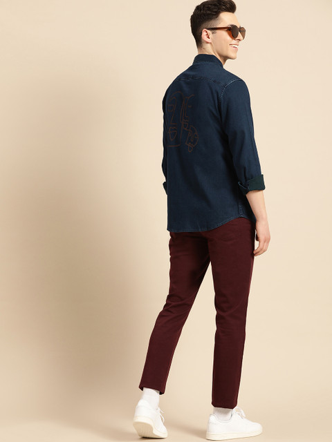 

United Colors of Benetton Men Navy Blue Slim Fit Solid Casual Denim Shirt