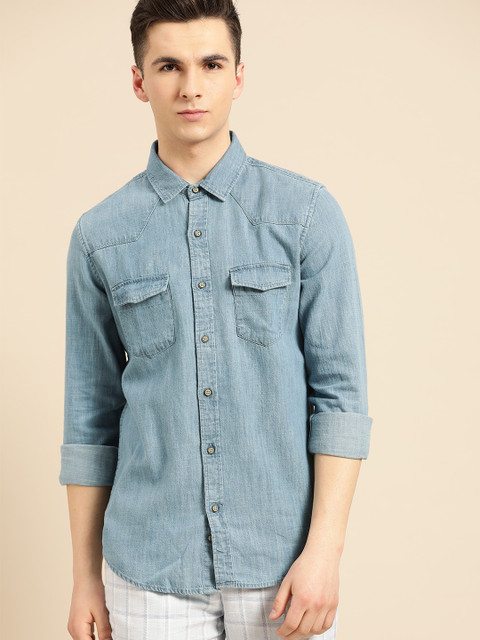 

United Colors of Benetton Men Blue Slim Fit Solid Denim Casual Shirt